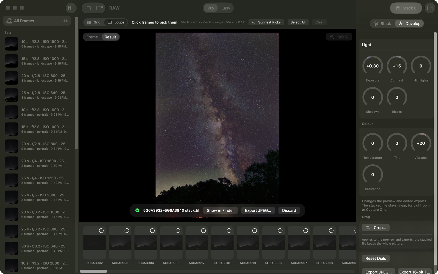 A finished Milky Way stack over trees, with the develop dials beside it